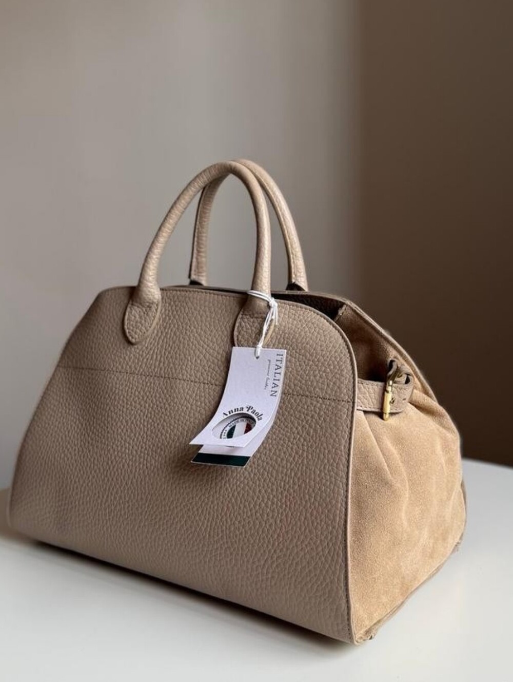Classic Tote Handbag in Light Gray, Genuine Suede And Leather